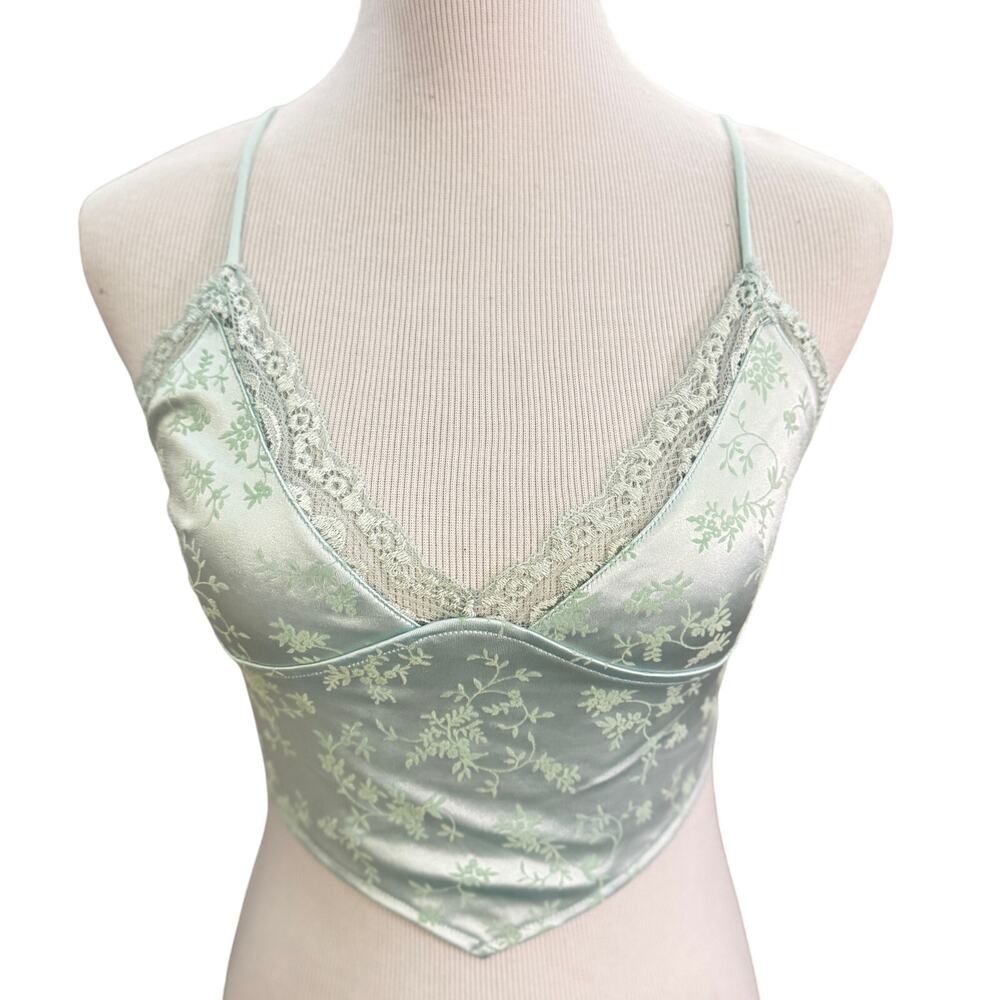 Motel Rocks Womens M Satin Floral Lace‎ Cami Crop Top Y2k Tie Back Blue